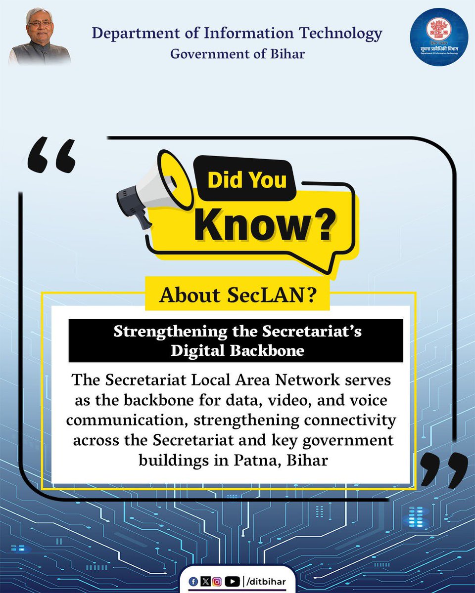 DitBihar's tweet photo. SecLAN serves as the backbone network for data, video and, voice communications throughout the Secretariat and other important Government buildings in Patna, Bihar.

#bihargovernment #ditbihar #seclan #connectivity #securenetwork https://t.co/wu1ZZ0kz7G