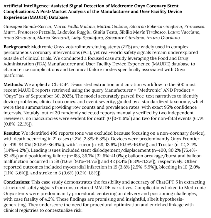 gbiondizoccai's tweet image. Artificial Intelligence-Assisted Signal Detection of Medtronic Onyx Coronary Stent  Complications: A Post-Market Analysis of the Manufacturer and User  Facility Device Experience (MAUDE) Database journal.topitalianscientists.org/Artificial_Int… #ChatGPT #DES #MAUDE #Medtronic #Onyx