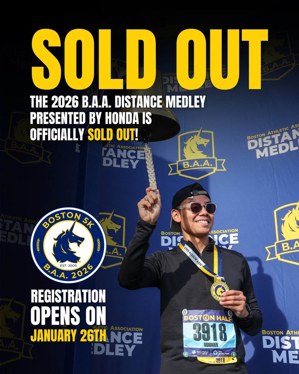 BAA's tweet image. Registration for the 2026 @BAA Distance Medley presented by @Honda is officially SOLD OUT in RECORD TIME‼️🦄

DON’T FORGET: Registration for the 2026 Boston 5K will open in 2️⃣ WEEKS on Monday, January 26th @ 10AM ET.🗓️ Stay tuned for more information.👀
