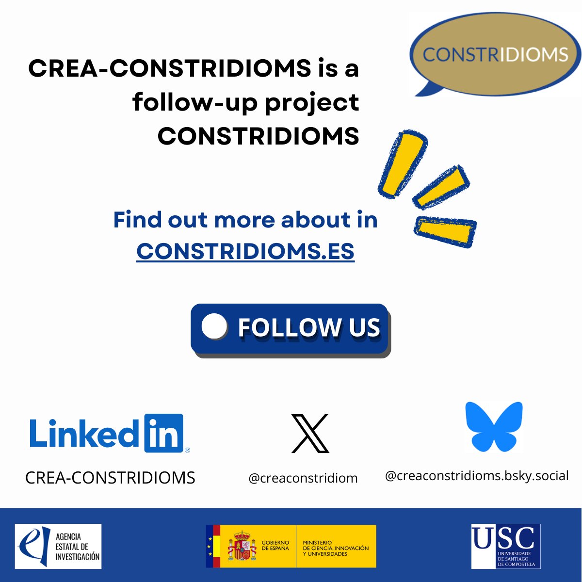 creaconstridiom's tweet photo. WELCOME CREA-CONSTRIDIOMS 🎉
🗓 2025–2029

We are thrilled to announce CREA-CONSTRIDIOMS,  a new research project that explores creativity through the lens of Construction Grammar, focusing on how speakers creatively use constructional idioms across English, Spanish, and German. https://t.co/I3NH81zNat
