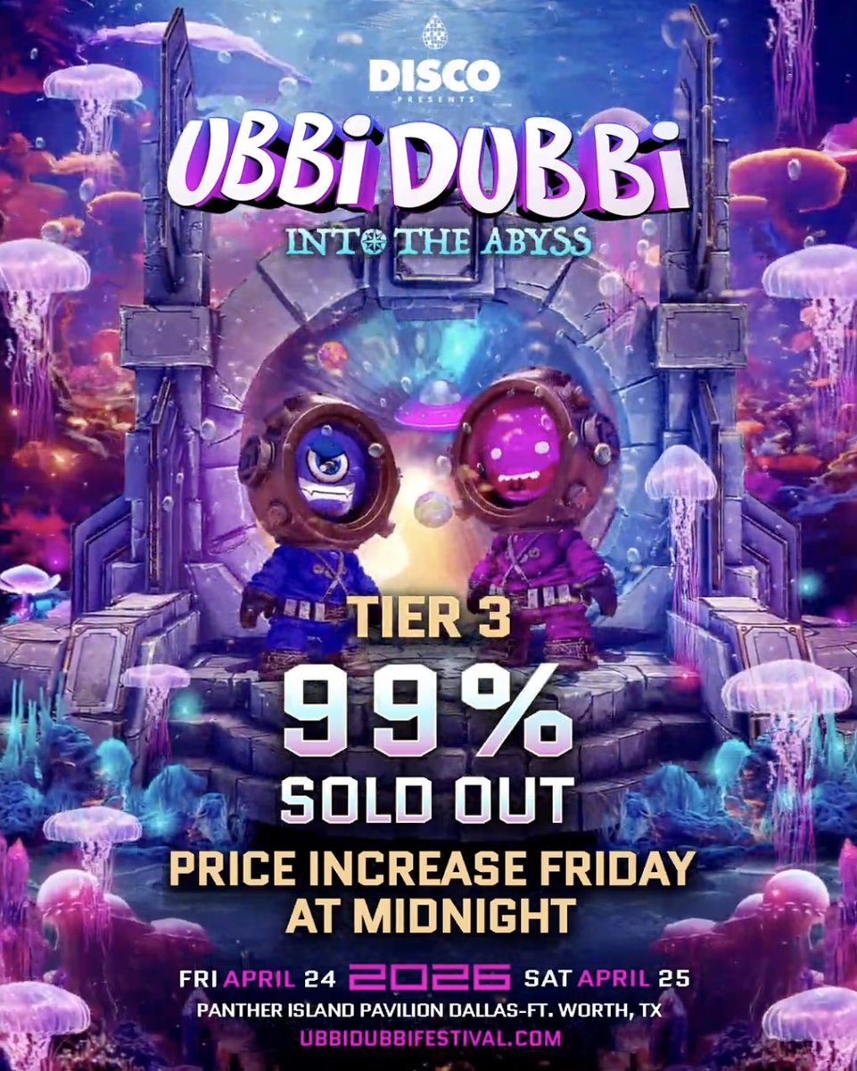 UbbidubbiFest's tweet photo. The tide is shifting! 🌊 Tier 3 Tickets are 99% SOLD OUT and prices are increasing this Friday, 12/16 at midnight!

Lock in your 2-Day GA pass now with just a $33 deposit now → https://t.co/ideVaqQ7E6 🪼 https://t.co/eMeaxQlb1u