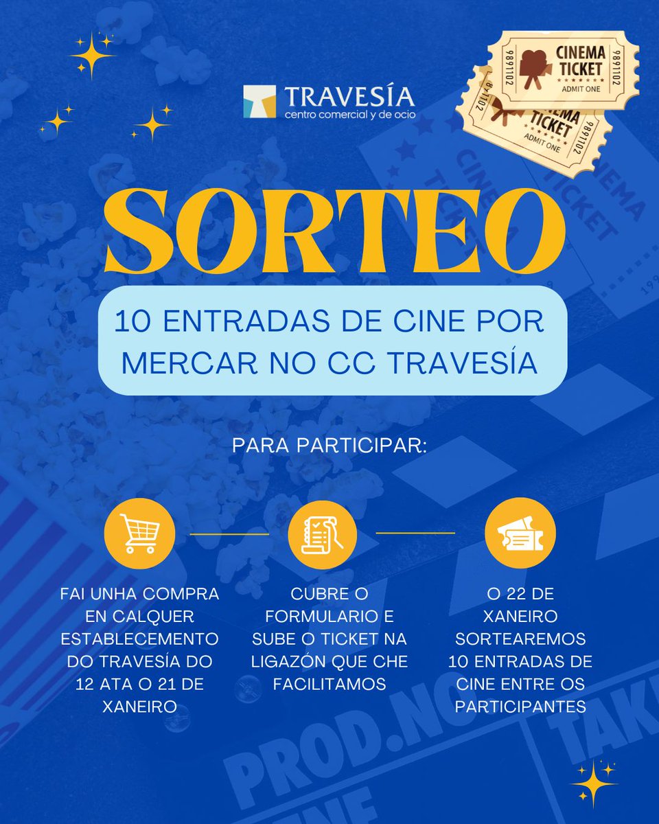 Travesiacc's tweet photo. SORTEO! Facer as túas compras no Trave ten premio, porque sorteamos 10 entradas de cine entre todas as persoas participantes. Como participar? Fai unha compra en calquera establecemento entre o 12 e o 21 de xaneiro. Sube o ticket o formulario ➡️ https://t.co/11rYPl2zDg , e listo! https://t.co/U4fINj4jq0