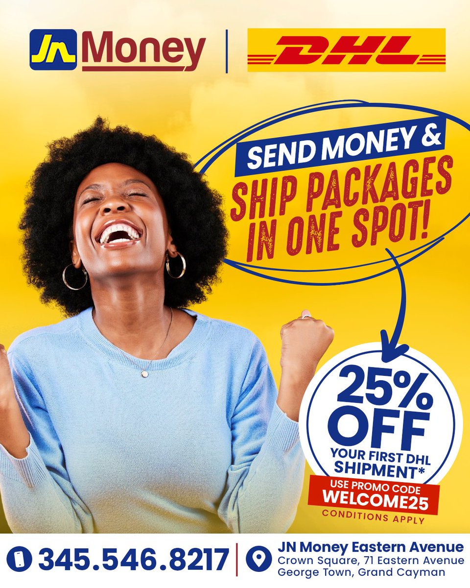 Sending money &amp; shipping packages just got easier! 🇰🇾 Check out the new DHL flagship store at our Eastern Avenue branch in Grand Cayman. Get 25% off your first shipment with the discount code 'WELCOME25'!