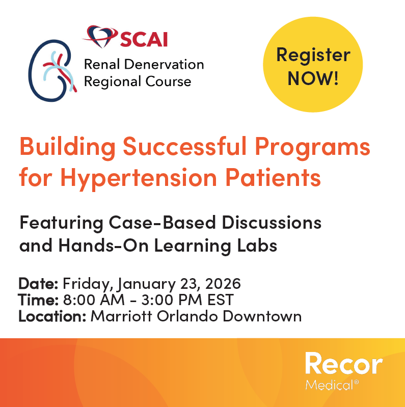 RecorMedical's tweet photo. Interested in Building a Successful Program for Hypertension Patients? Join the SCAI Renal Denervation Regional Course in Orlando, FL, a one-day CME workshop. This is led by industry leaders, featuring case-based discussion and hands-on learning labs. 
 
Date: Friday, January 23, 2026
Time: 8:00 AM – 3:00 PM EST
Location: Marriott Orlando Downtown 
 
Sign up now: https://t.co/AzOZ3BqS0G
 
Note: If you are an individual, use the code DISCREC26 and receive a special Recor discount. Don’t forget to select Recor Medical under the referral list.
 
This CME session is designed for Interventional Cardiologists, Hypertension Experts, Hypertension Clinical Coordinators, and others involved in building your RDN program.

Prescription only. Results may vary. Important Safety Information: https://t.co/RQE3vnXYvJ
 
#SCAIRDN #RenalDenervation #Hypertension