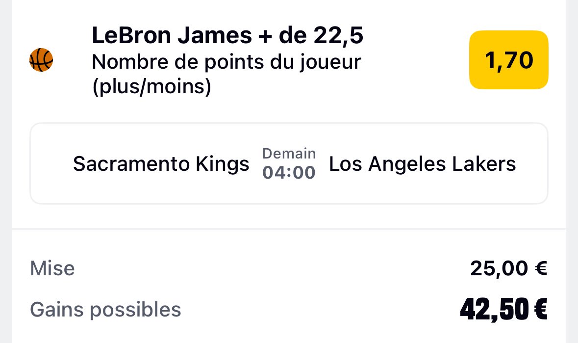 SikaPronos's tweet photo. #NBA

🏀 LeBron 23 points @ 1,70 (1,5%)

Le King tourne à 27,1 points par match sans Austin reaves et passe le cut 8/9. Sacremento horrible défensivement et surtout dans la raquette, le retour de Lavine devrait empêcher le blow out.

RT/❤️ si tu suis https://t.co/8PVOgkeblu