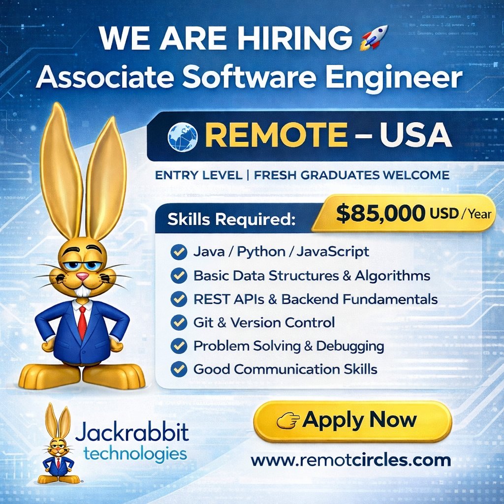 remoteusaco's tweet photo. 🚀 Jackrabbit Technologies is hiring Entry-Level Associate Software Engineers with a competitive salary of $85,000 USD/year.

✔️ Remote – USA
✔️ Entry Level | Fresh Graduates Welcome

👉 Apply Now: https://t.co/hlsNnaGlvG 

#RemoteJobs #AssociateSoftwareEngineer #EntryLevelJobs #USARemote