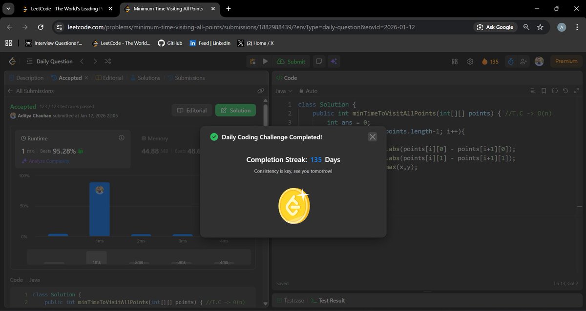 Aditya_Ch_20's tweet photo. LeetCode Daily done! 🚀

Solved Minimum Time Visiting All Points using a clean O(n) approach with max(dx, dy) logic.

Simple math, clean code, efficient solution.

Streak hits 135 days 🔥

#LeetCode #DSA #Java #CodingJourney #DailyPractice #ProblemSolving https://t.co/FH2Np5qUZX