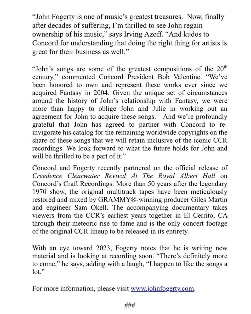 John_Fogerty's tweet image. It’s been three years since everything changed. In 2023, John finally regained the publishing rights to his music, and we’ve been celebrating ever since.