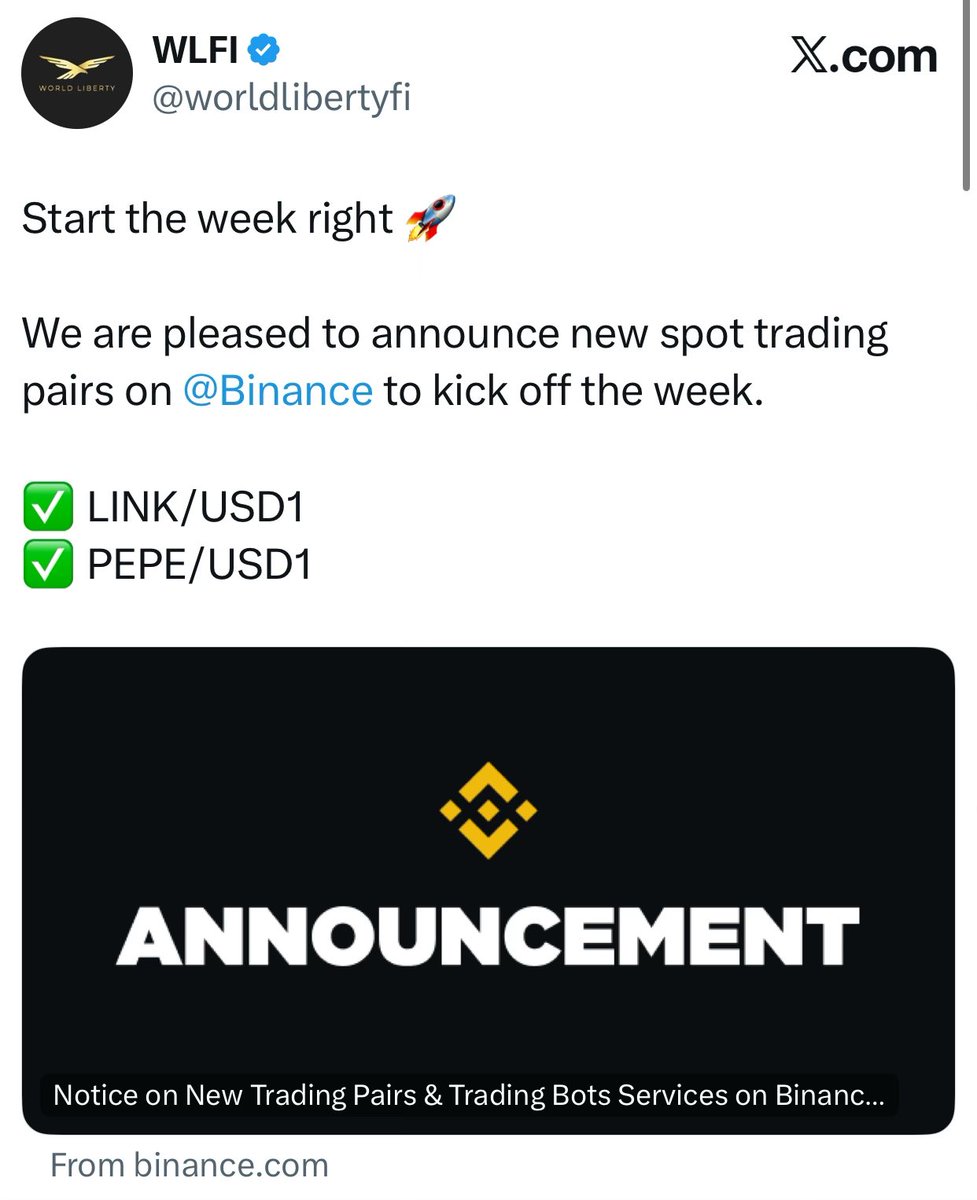WLFI宣布在@Binance 上推出新的现货交易对，来开启本周！ ✓ LINK/USD1 ✓ PEPE/USD1 根据Binance 的最新公告和多家媒体报道，Binance将于1月13日正式开启