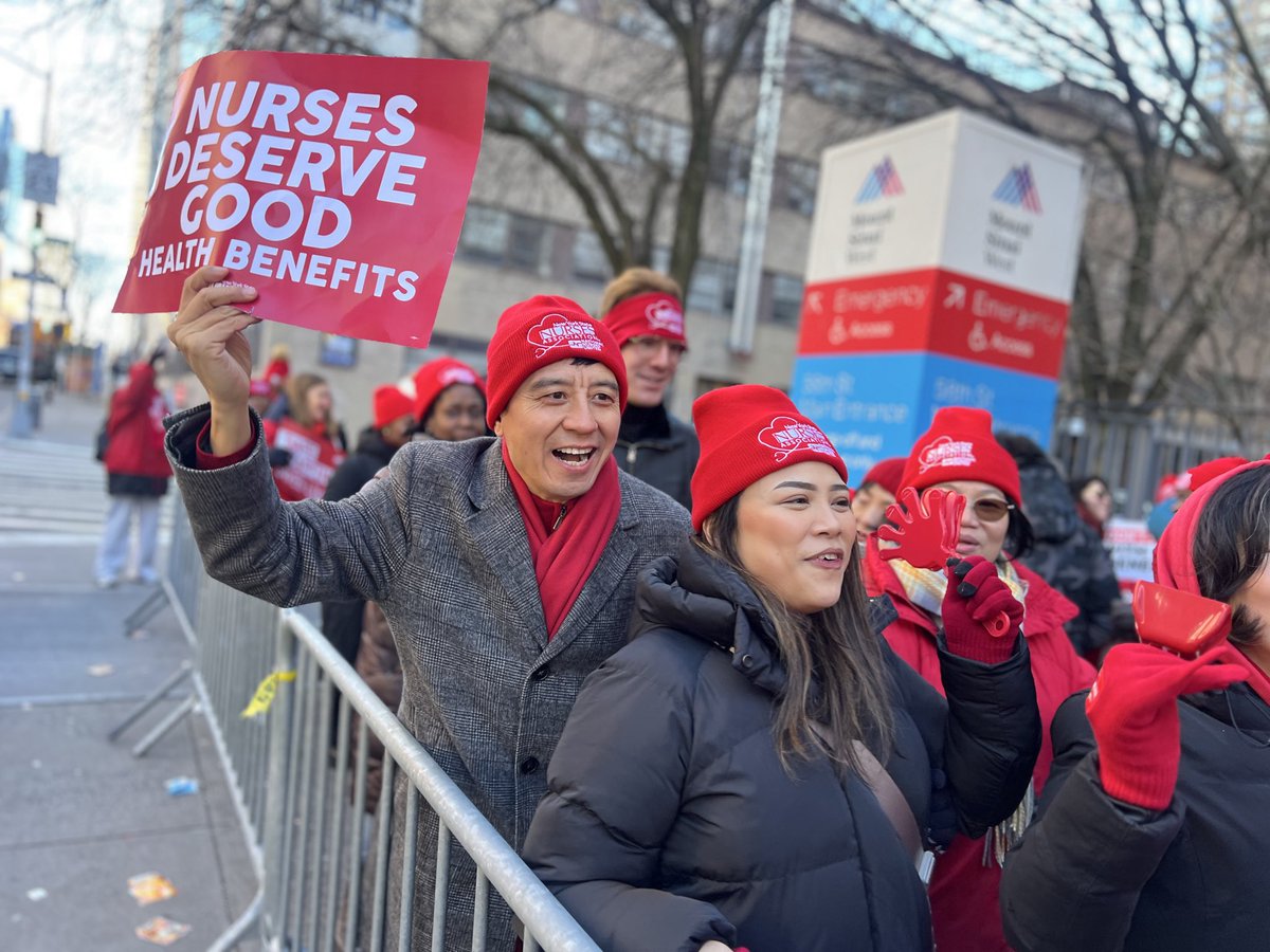 CMSusanZhuang's tweet photo. Today I and Dr. Larry He proudly marched on the picket line to stand with #nurses who deserve a fair and safe contract. They are every day heroes. I’m with @nynurses today and every day. #nurses #laborstrong #union #faircontract https://t.co/Wct58OXOs7