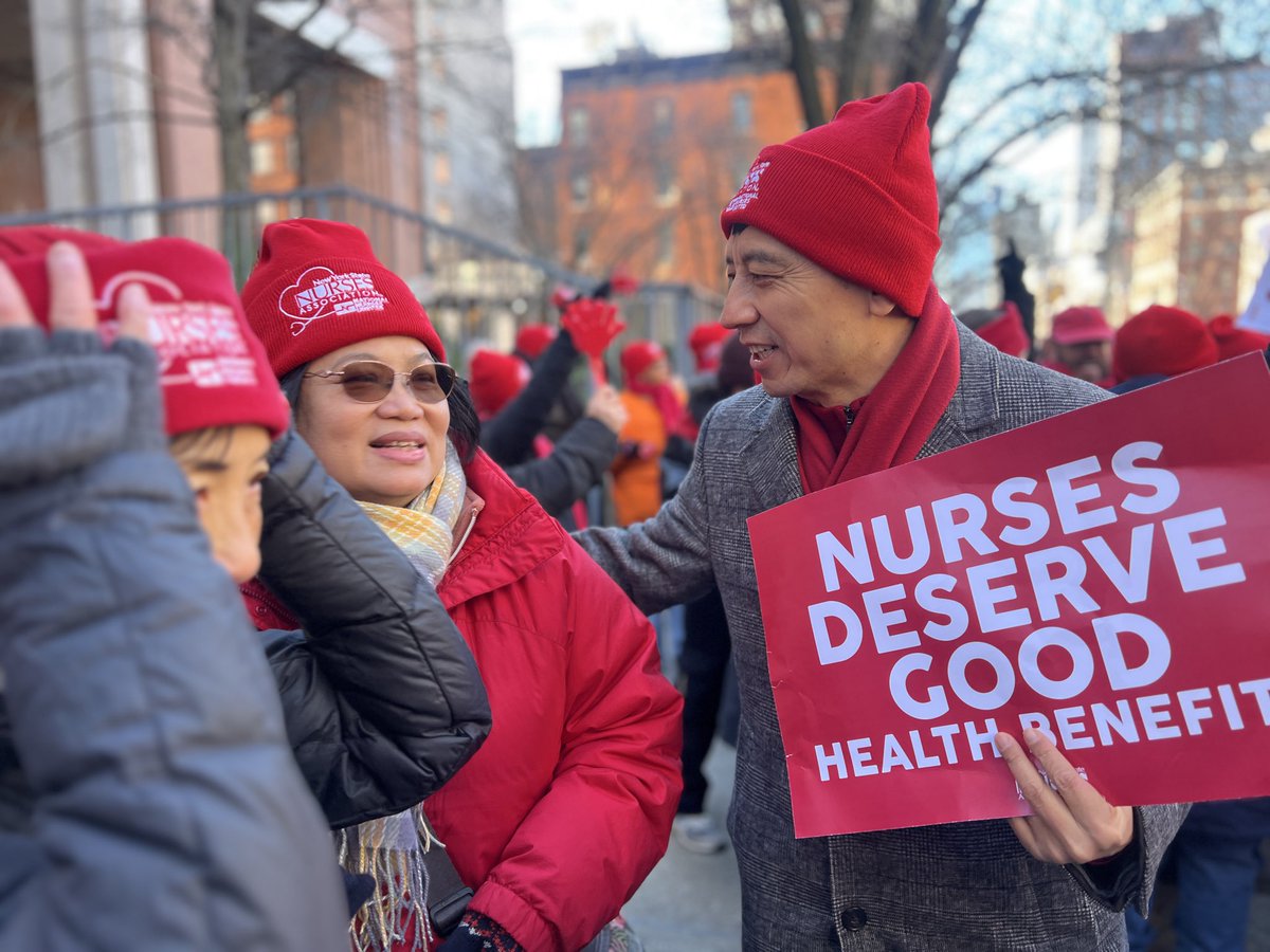 CMSusanZhuang's tweet photo. Today I and Dr. Larry He proudly marched on the picket line to stand with #nurses who deserve a fair and safe contract. They are every day heroes. I’m with @nynurses today and every day. #nurses #laborstrong #union #faircontract https://t.co/Wct58OXOs7