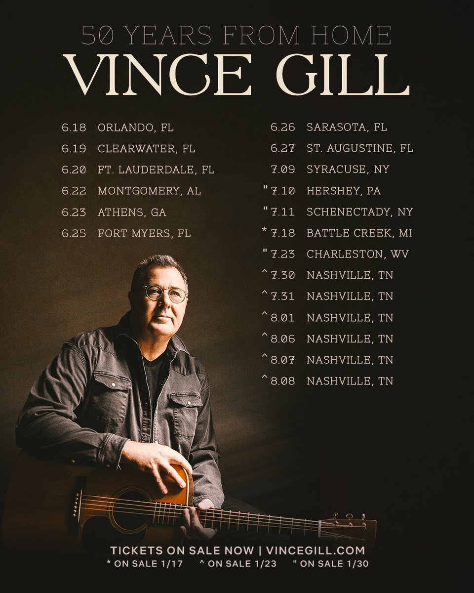 VGcom's tweet image. To continue his 50 Years From Home celebration, Vince Gill is hitting the road this summer! Pre-sale for select dates begin on Wednesday, January 14th. Be sure to sign up for the email list to get your code!

Email sign up: vincegill.com/subscribe/#/
Details: bit.ly/3Z6MjDg