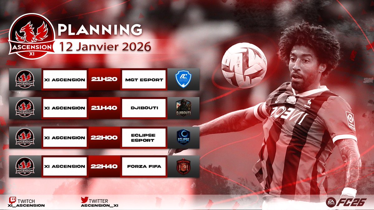 🔥 C’est parti !

Voici notre premier planning officiel 🟥⬛
Une soirée intense nous attend avec 4 matchs au programme dès 21h20.

La saison commence maintenant.
Tous derrière Ascension XI. 📢