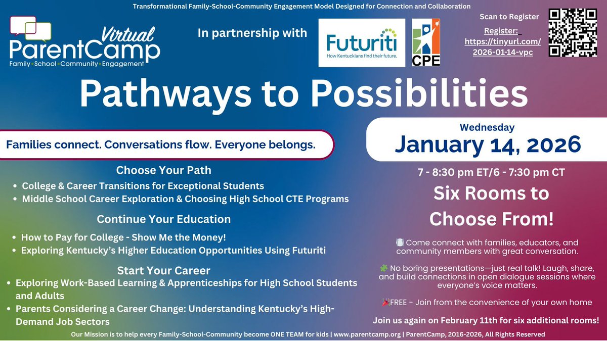 ParentCamp's tweet photo. No lectures. No slides. Just real conversation.
Pathways to Possibilities – Virtual ParentCamp @CPENews
📅 January 14 | 💻 Live on Zoom
🌎 Open to participants from any state
🔗 Register: https://t.co/p5BsVV2y69
#ParentCamp #Futuriti #CommunityConversation #CareerPathways https://t.co/gg1zdeGK9E