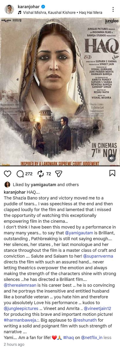 MumbaichaDon's tweet photo. She refused to 'compromise'. Refused to attend 'special parties' at 'one' Panvel Farmhouse. FOR THAT she was left out, told on her face 'U don't belong here'

TODAY she stands tall & syndicate falls at her feet. After Flop Alia, now Karan Joker falls at @yamigautam's feet. Opportunists!