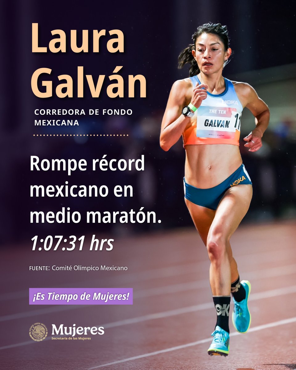 🏃🏻‍♀️ ¡Las mujeres en el deporte siguen marcando hitos históricos!

#LauraGalván rompió un nuevo récord mexicano en medio maratón con un tiempo de 1:07:31 horas, logrando el octavo lugar en Houston.

Un logro que refleja disciplina, constancia y el alto nivel de las atletas
