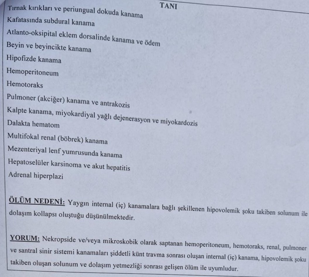umuttastangzt's tweet image. Matmazel'e ilişkin rapor çıktı.

*Tırnaklarda kırık
*Kafatasında kanama
*Beyin ve beyincikte kanama
*Akciğerde kanama
*Böbrekte kanama

Matmazel'in dövülerek katledildiği raporlar da sabitlendi.