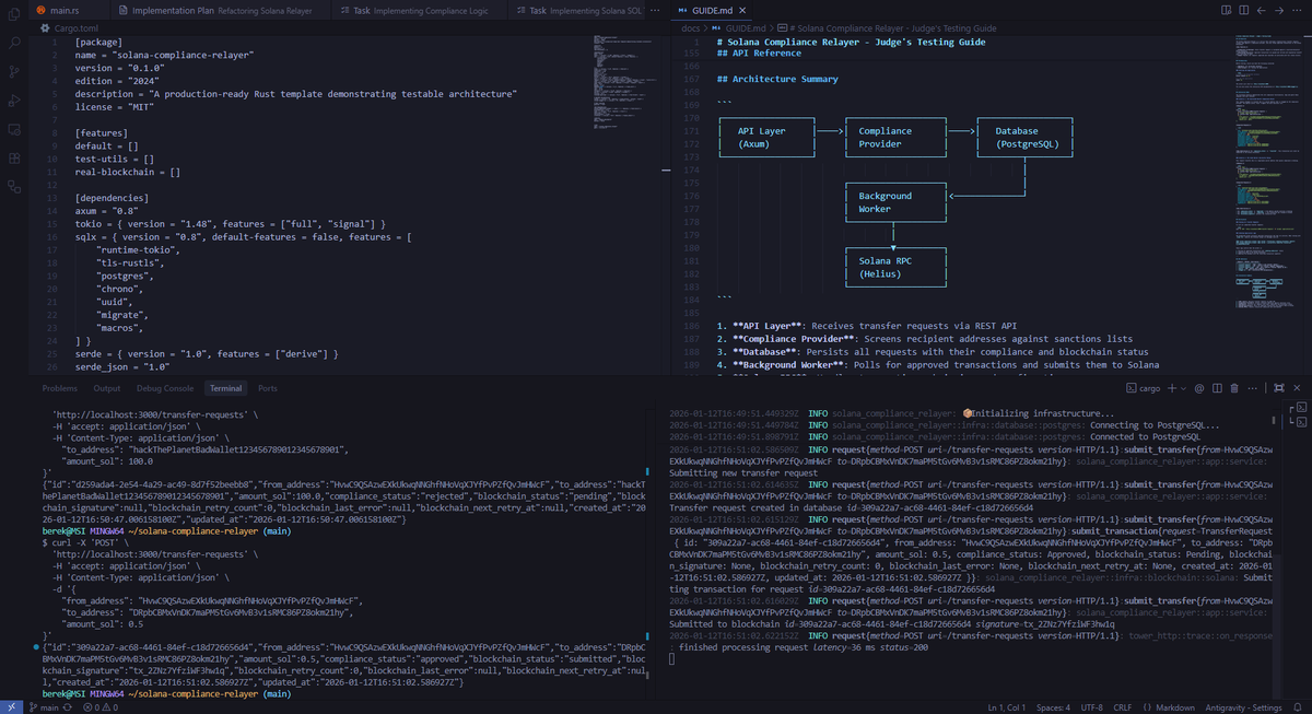Berektassuly's tweet photo. Building Solana Compliance Relayer. Day 1.

Backend is operational:

Range Protocol integration for AML screening.
Helius RPC + Outbox pattern for reliable delivery.

Screenshot: Sanctioned wallet rejected, valid transfer confirmed.
#Solana #Rust #Privacy https://t.co/ALObvpMfWk