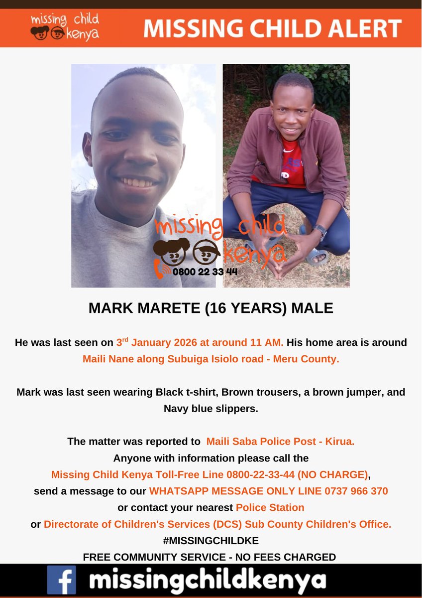 missingchild_ke's tweet photo. MARK MARETE (16 YEARS) MALE #MISSINGCHILDKE https://t.co/YzHrcGkT56