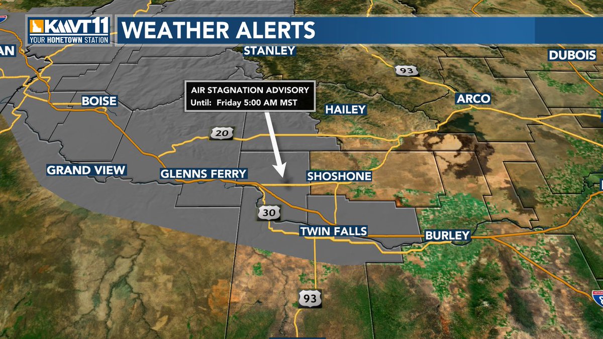 FanWeatherKMVT's tweet image. Air Stagnation Advisories remain in effect until 5 AM Friday for the lower elevations from Jerome county and points west.  For the full text for the alerts, go to kmvt.com/weather/alerts .