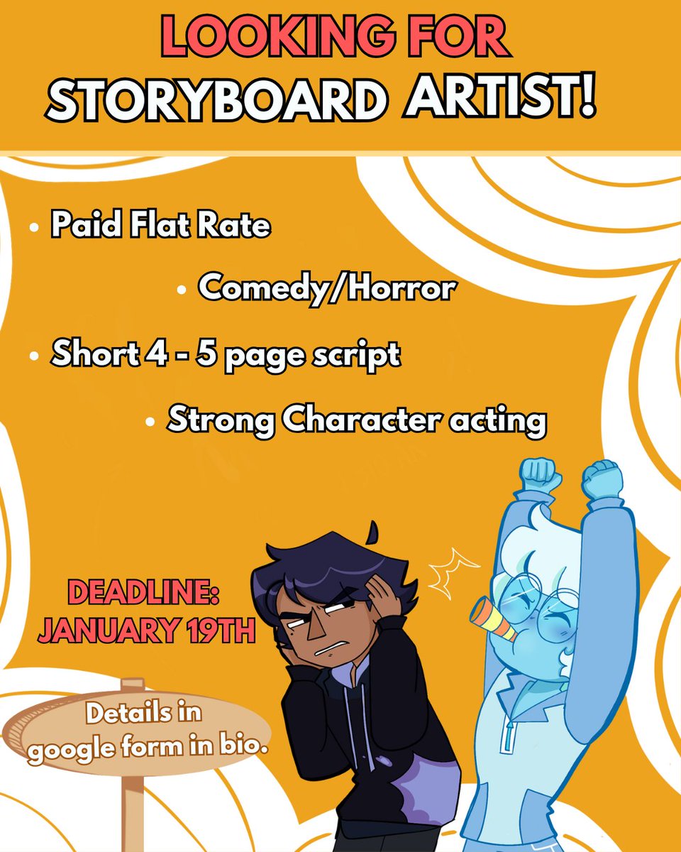 TGYSProject's tweet image. We are looking for a storyboard artist to join us! DETAILS OF JOB CAN BE FOUND IN THE GOOGLE FORMS OF MY LINK-TREE IN BIO!
#indieanimation #StoryboardArtist #Helpwanted
DEADLINE - JANUARY 19TH