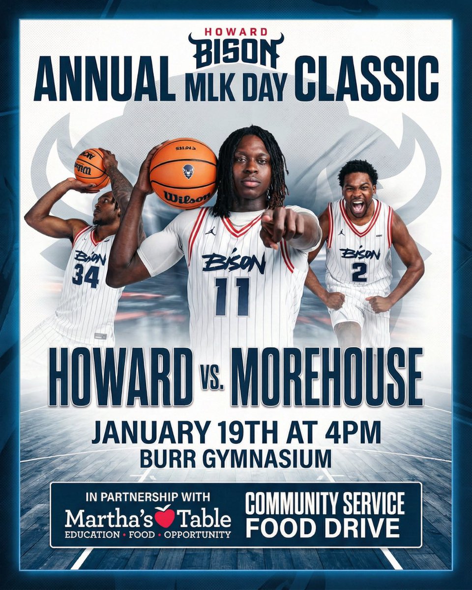 HUBisonSports's tweet image. Join us for our annual MLK Day Classic next Monday, Jan. 19 as we take on Morehouse College!

We're proud to partner with @MarthasTableorg for a food drive honoring Dr. King's commitment to community. 

Tickets: 🎟️ vivenu.com/event/mens-bas…

#MLKDayClassic  #HUYouKnow #BisonPride