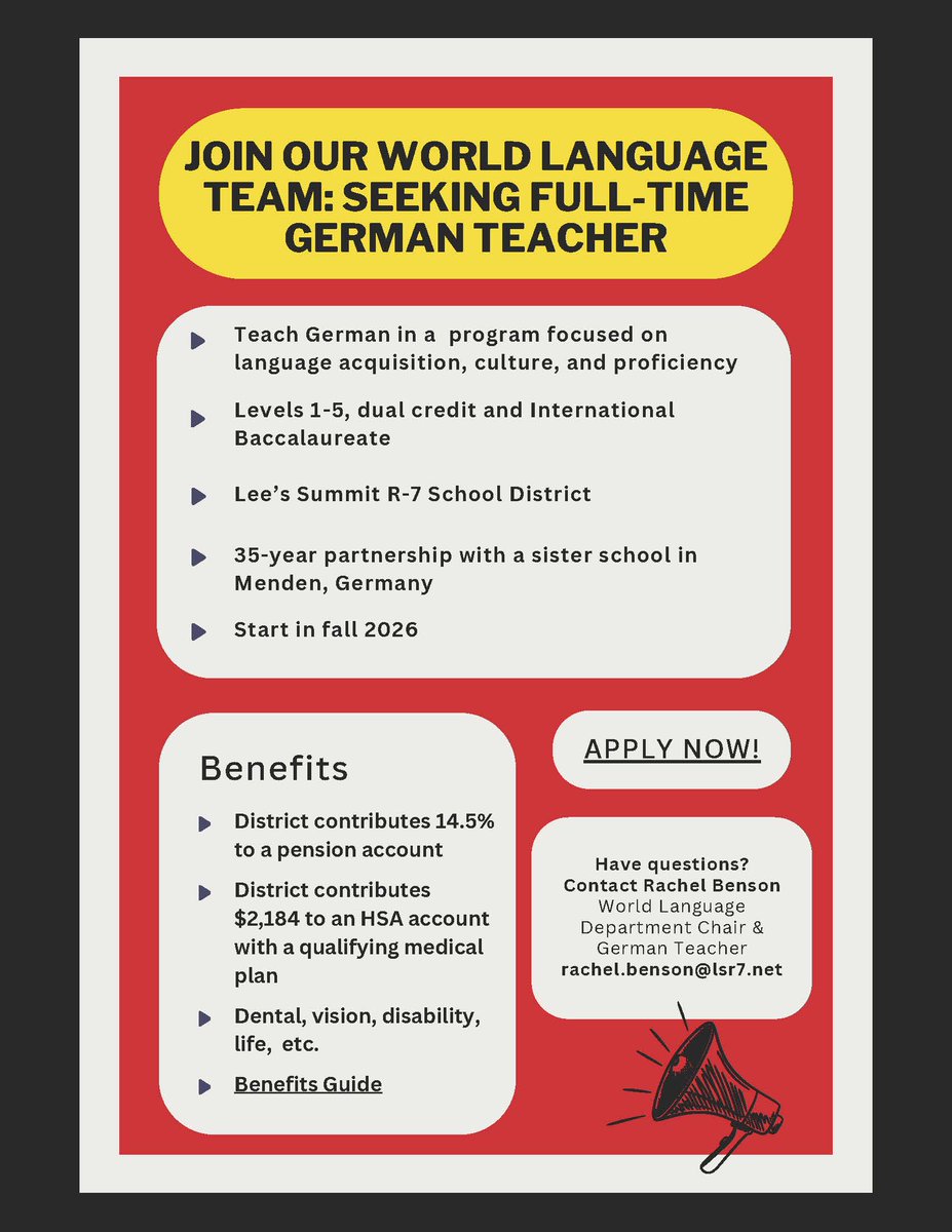 Lee's Summit School District (Kansas City, MO metro area) has an opening for a full-time German teacher starting at the beginning of the school year 2026.

If you are interested - or know someone who is - see that attached document for more information.

Please share! Danke!