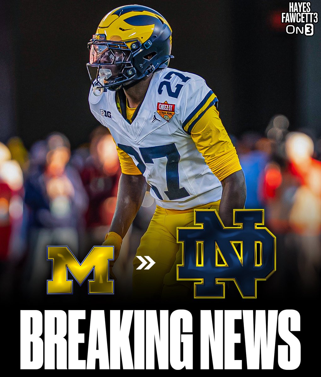 Hayesfawcett3's tweet image. BREAKING: Michigan true freshman transfer CB Jayden Sanders has Committed to Notre Dame, he tells @On3sports

He totaled 23 tackles and 1 PD this season

Sanders is ranked as a Top 10 CB in the On3 Industry Portal Rankings

on3.com/transfer-porta…