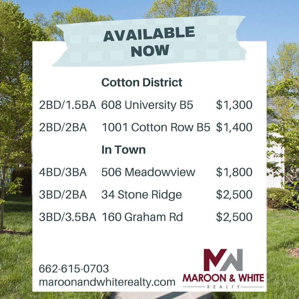 Looking for an immediate move-in? Look no further! Don’t miss out on your opportunity to secure your spot! ⏳ 

Want to schedule a showing? Visit Calendly.com/maroonandwhite… 📲

Click the CONTACT button on our website to ask about applying 📲

Maroon &amp; White Realty | 662-615-0703