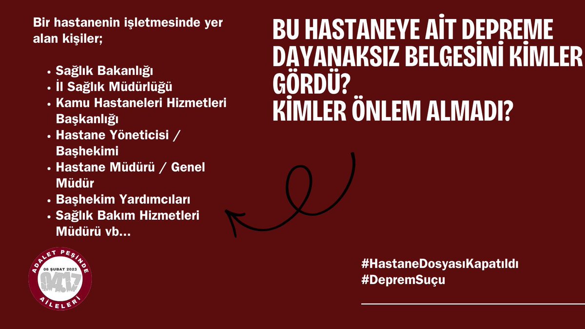 ÇAĞRI..
EY VİCDANLI İNSANLIK BİZE SES OLUN!
6 Şubat depremlerinde Hatay Eğitim ve Araştırma Hastanesi Ek Hizmet Binası’nda 68 kişi can hayatını kaybetti.

Bu bina bir kamu binasıdır.
Buna rağmen sorumlu kamu görevlileri hakkında soruşturma izni verilmedi.
Valiliğin verdiği izin