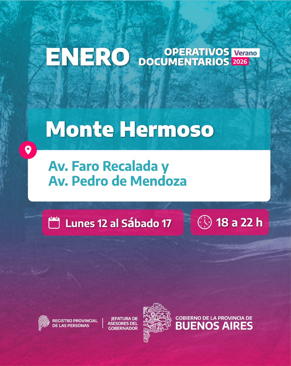 Durante el verano, acercamos el <a href="/registropba/">Registro PBA</a> a cada localidad de la costa bonaerense 🌊⛱️

Esta semana, el Operativo de Documentación llega a #MonteHermoso para que puedas realizar tus trámites de manera simple y rápida.

✔️ DNI
✔️ Partidas
✔️ Certificados de extravío y de