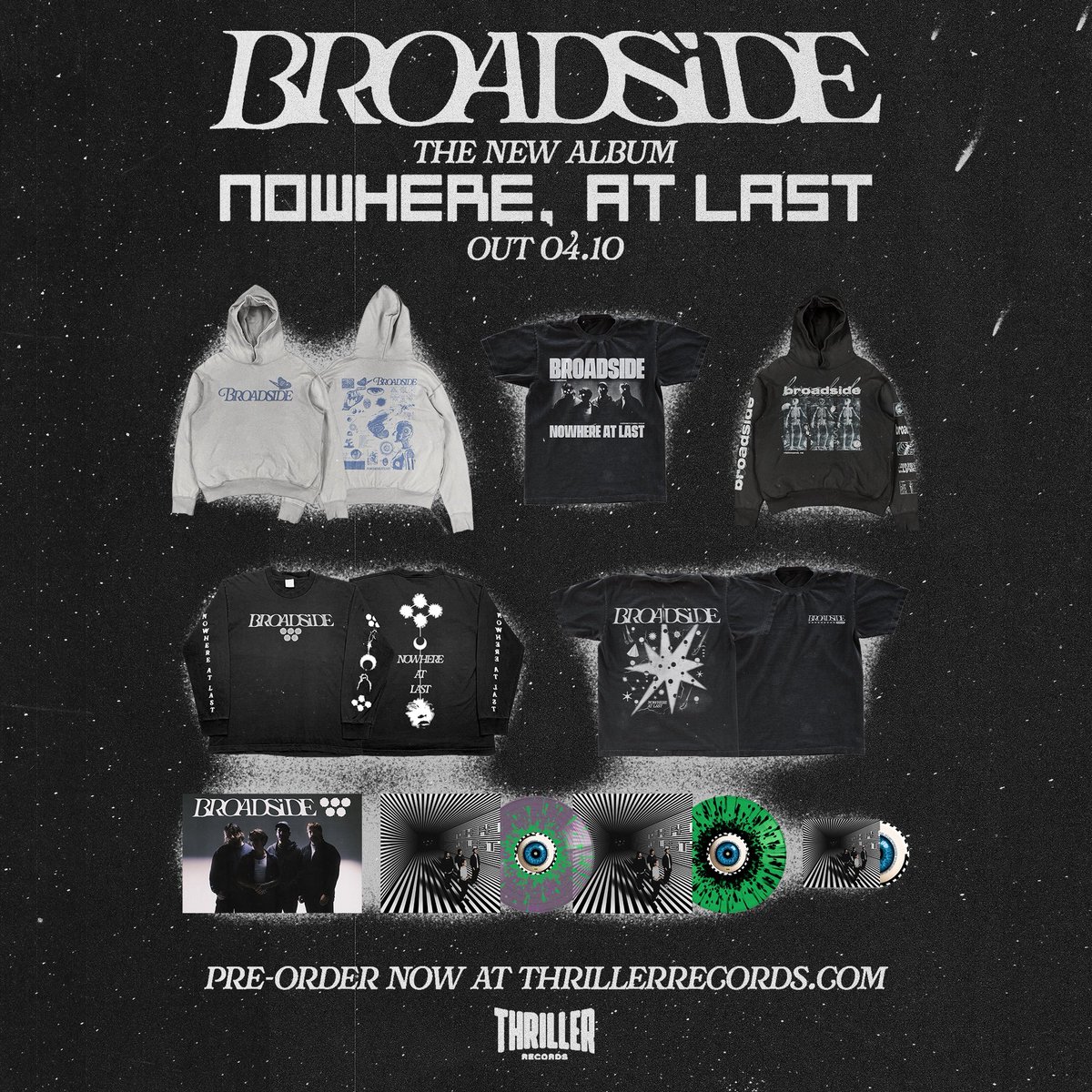 Broadside_'s tweet image. Our fifth LP, ‘Nowhere, At Last’, will be released April 10th on @thrillerrecords Pre-order packages are available now at linktr.ee/broadsideband

This album feels both like a union of our previous 4 LPs and another step further up the road. Join us in the blur between dreams.