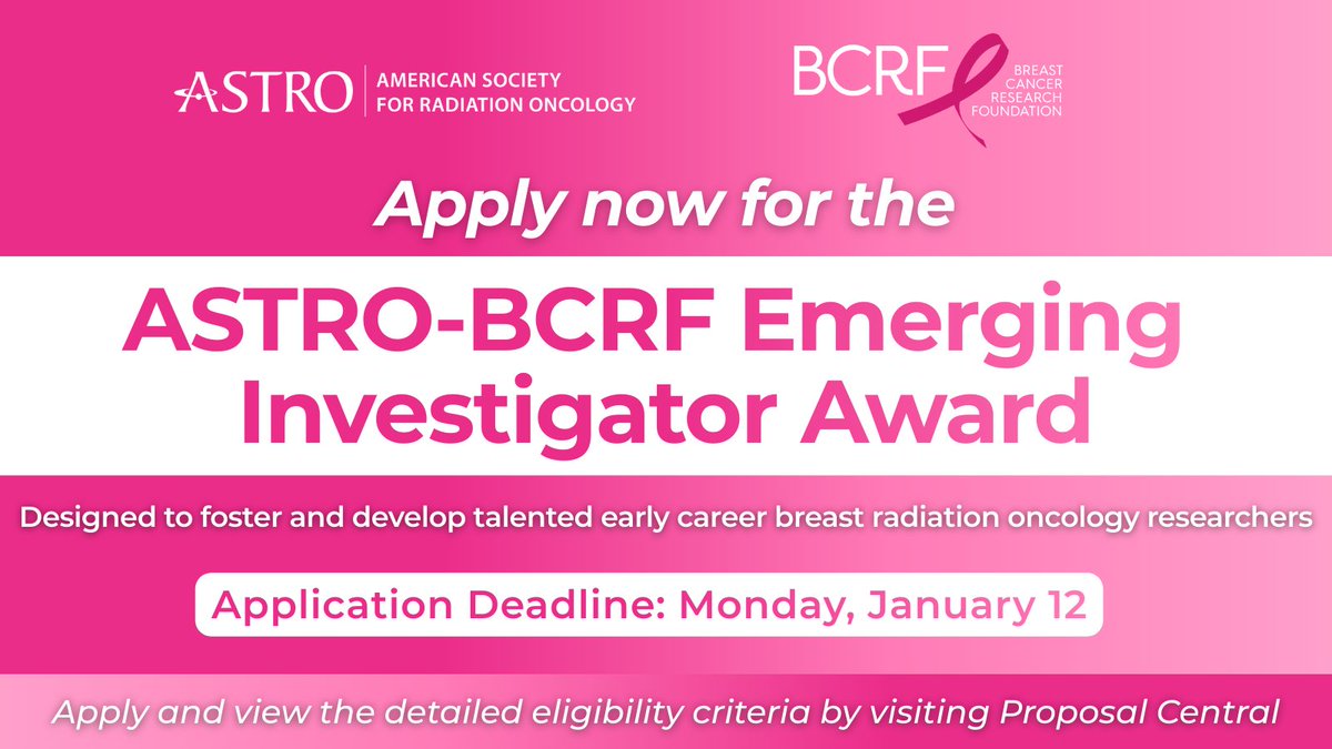 ASTRO_org's tweet image. Apply now for the ASTRO-BCRF Emerging Investigator Award!

The Breast Cancer Research Foundation (BCRF) &amp;amp; ASTRO have collaborated to offer a joint Emerging Investigator Award. This program is designed to foster &amp;amp; develop talented early career breast radiation oncology…