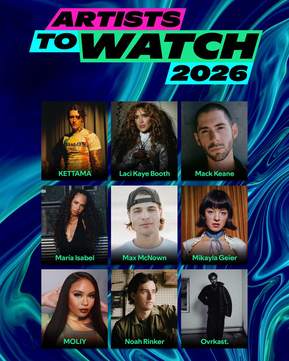Spotify's tweet image. Presenting the rising stars of 2026. Meet our new class of Artists to Watch 🌟