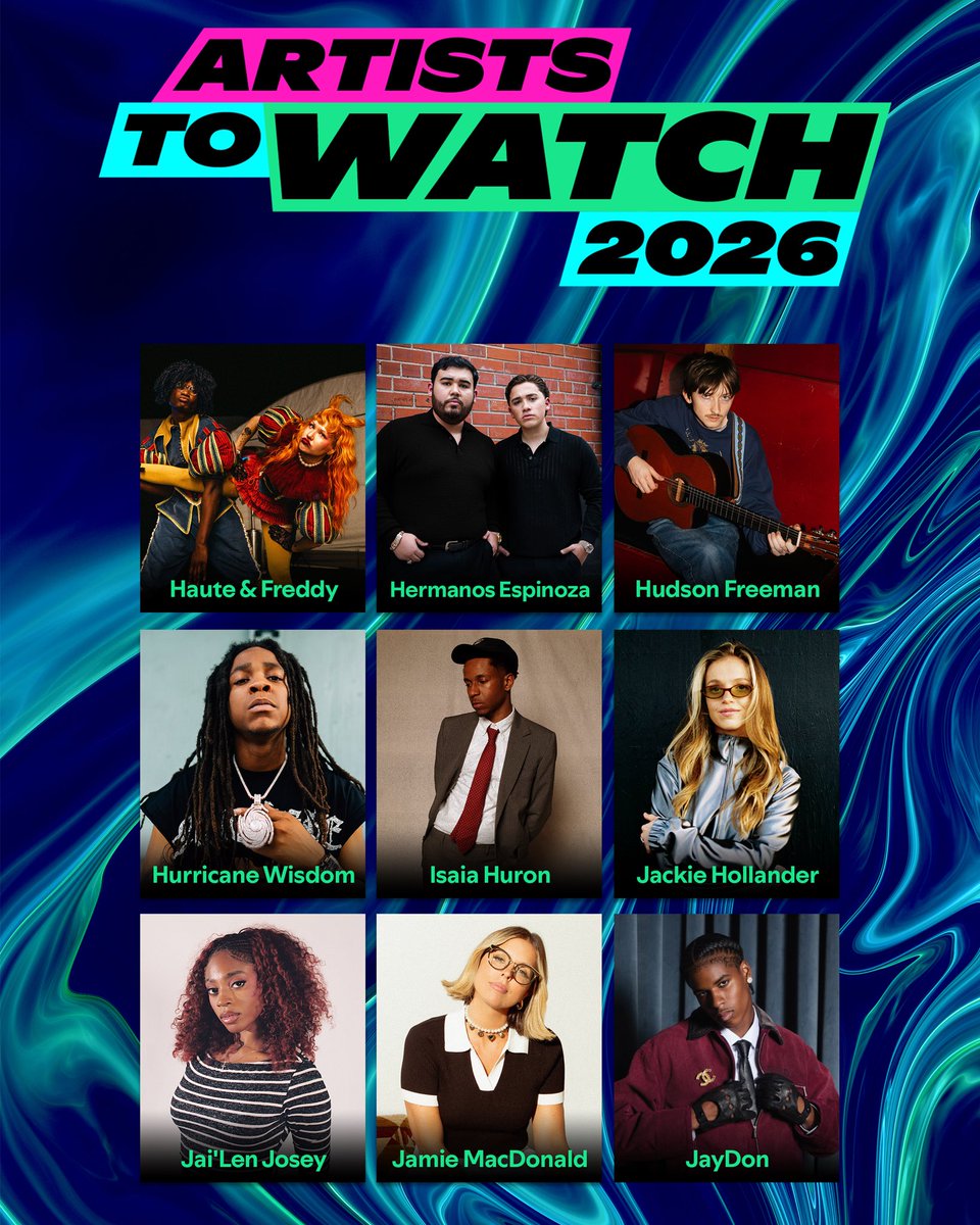 Spotify's tweet image. Presenting the rising stars of 2026. Meet our new class of Artists to Watch 🌟