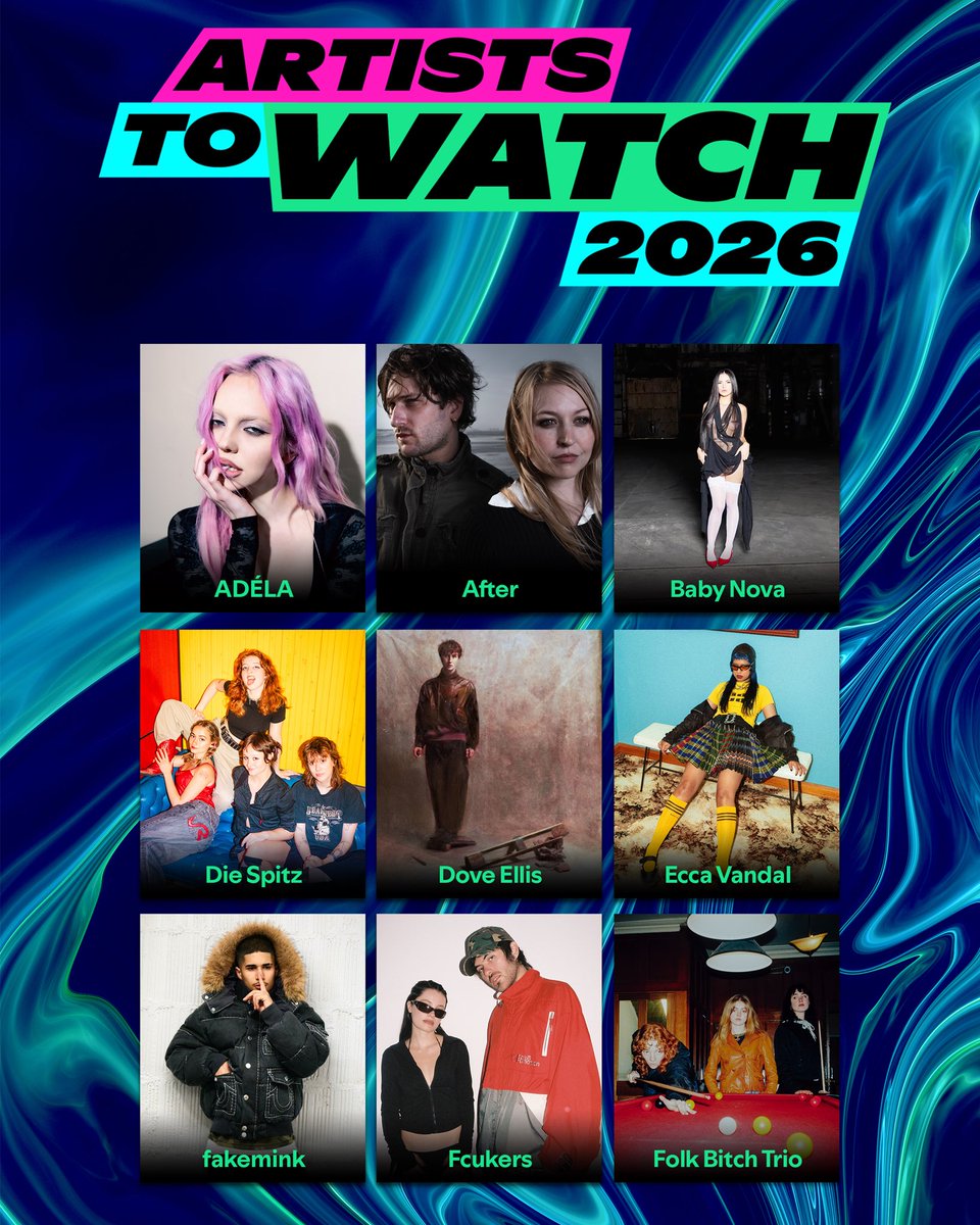 Spotify's tweet image. Presenting the rising stars of 2026. Meet our new class of Artists to Watch 🌟
