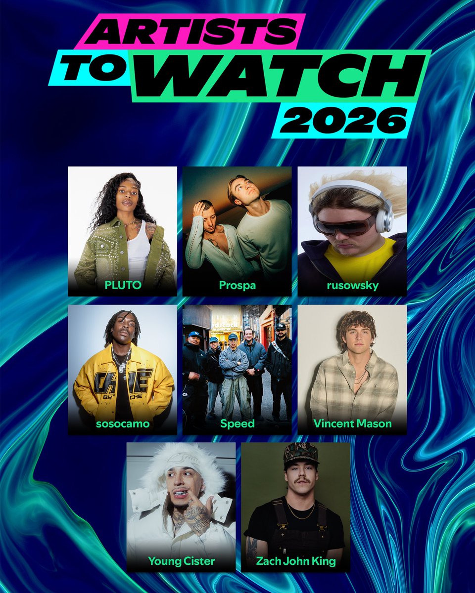 Spotify's tweet image. Presenting the rising stars of 2026. Meet our new class of Artists to Watch 🌟