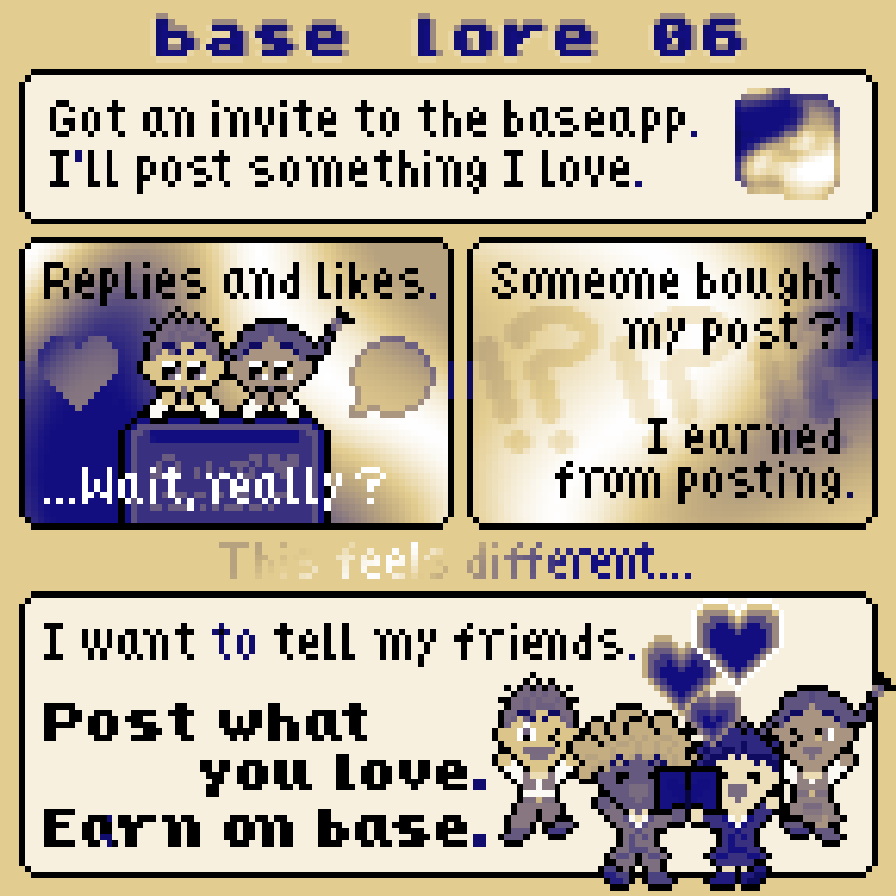 PanicNFTs's tweet photo. base lore EP 05 & 06 by @Hitchist

builders aren’t just developers
they’re artists, writers, collectors
community members

people who show up
and build culture together

connection turns real
value moves between people

post what you love
earn on the @baseapp

this doesn’t feel temporary
it feels like a beginning