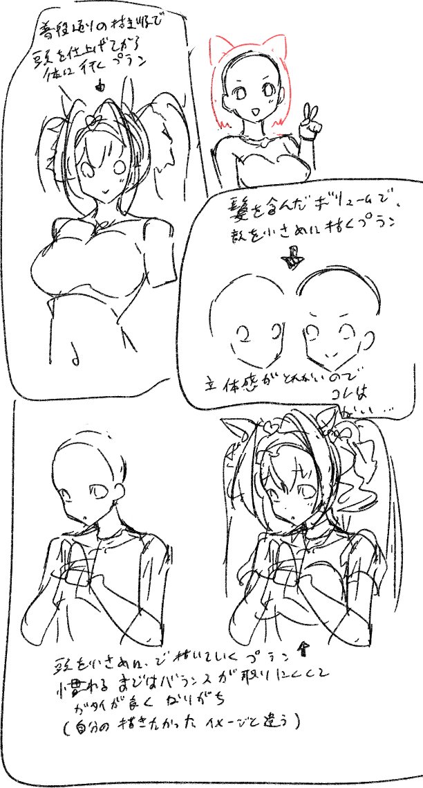 描いてて毎回頭が大きくてあとから縮小してるんだけど
完成形のイメージは髪などを含んだ赤のボリューム感なんだけど、アタリを描いていく時はそれらを含まない白ハゲで体とのバランスを取ってしまうんだよなぁ の図
(昼頃消えるフリート) 
