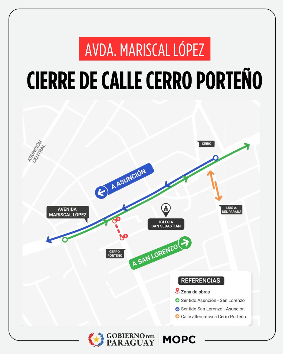 Instantepoli's tweet photo. 🚧 Obras en Fernando de la Mora

Desde este martes 13 de enero, una cuadra de la calle Cerro Porteño permanecerá cerrada en ambos sentidos por trabajos hidráulicos y de pavimento. 

 ⚠️El tránsito sobre Mariscal López no se verá afectado. https://t.co/8E8LWwGKqV