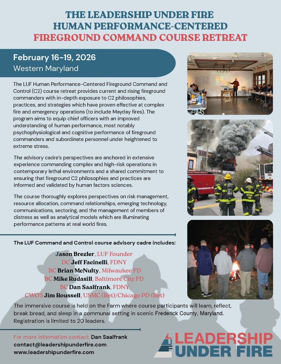 LeadershipFire's tweet image. Two open seats remain for our LUF Human Performance-Centered Fireground Command and Control Course Retreat (February 16, 2026 - February 19, 2026).
•••
Register here:
web.cvent.com/event/7f27809b…