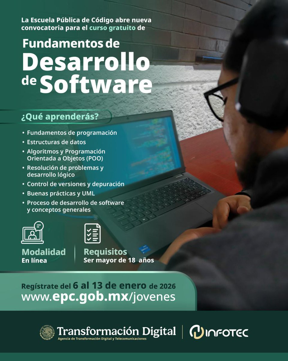 AgenciaGobMX's tweet image. 📣¡Aprende programación GRATIS!

Inscríbete al curso “Fundamentos de Desarrollo de Software” en la Escuela Pública de Código, donde podrás adquirir conocimientos en:

✅Algoritmos y programación orientada a objetos

✅Estructura de datos

✅Desarrollo de código

✅Proceso de…