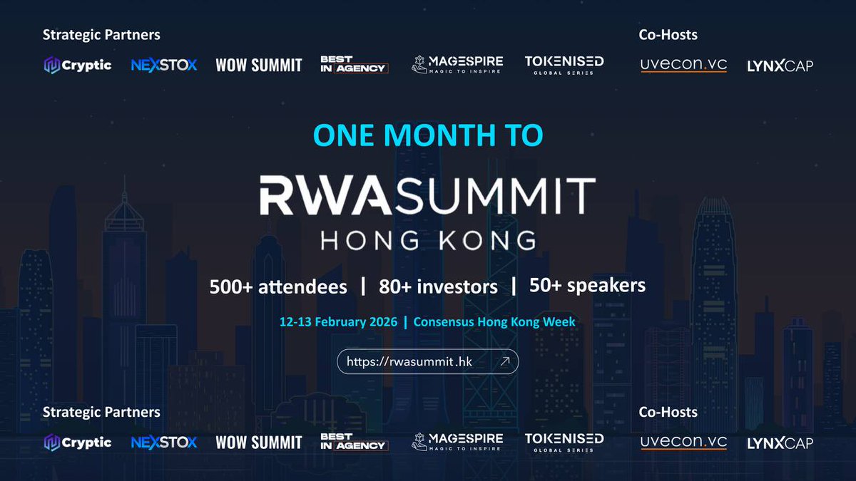 rwasummitglobal's tweet photo. ONE MONTH TO THE RWA SUMMIT HONG KONG!

Are you ready to be part of the premier event of the year in real-world asset tokenization? The time has come.

Our mission is to bring together the most influential voices in the industry on one stage. We are pleased to announce that over 50+ leading global experts, investors, and key regulatory voices have confirmed their participation. This is a unique opportunity to gain a comprehensive, first-hand perspective on the future of finance.

The scale speaks for itself:
✅ Over 700 participants have already registered on the Luma platform.
✅ More than 30 media partners will ensure global coverage of the event.
✅ The summit is backed by a powerful alliance of industry leaders.

We extend our sincere gratitude to our strategic partners, whose support makes this event possible:

Co-hosts: https://t.co/sXPlej6M0B, LynxCap Investments AGONE MONTH TO THE RWA SUMMIT HONG KONG!

Are you ready to be part of the premier event of the year in real-world asset tokenization? The time has come.

Our mission is to bring together the most influential voices in the industry on one stage. We are pleased to announce that over 50+ leading global experts, investors, and key regulatory voices have confirmed their participation. This is a unique opportunity to gain a comprehensive, first-hand perspective on the future of finance.

The scale speaks for itself:
✅ Over 700 participants have already registered on the Luma platform.
✅ More than 30 media partners will ensure global coverage of the event.
✅ The summit is backed by a powerful alliance of industry leaders.

We extend our sincere gratitude to our strategic partners, whose support makes this event possible:

Co-hosts: https://t.co/sXPlej6M0B, LynxCap Investments AG

Partners: Partners: @Cryptic_Web3, @NexStox, @bestinmediaclub, @tokenisedglobal, MaGESpire, @animocabrands , @DWFLabs, @DFG__Official, @DTCGroup_, @FinstepAsia, @tbvxyz, EVIDENT,
@Tokinvest_Cap, @voidchainnet, Hong Kong Digital Asset Society, MULANA IM, Revo Digital Family Office,@0xpolygon, Hex Trust, @dentsu_global, SANDchain, Artificial Intelligence Association of Hong Kong.

There is exactly one month left until the event begins. Registration is open, but capacity is limited.

📅 February 12-13, 2025 | Hong Kong
🎟️ SECURE YOUR SPOT: https://t.co/SOT6x7XDLY