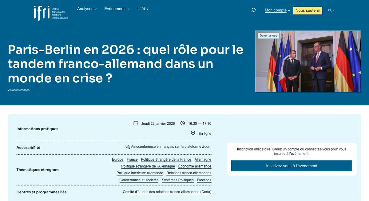 IFRI_'s tweet photo. 🔔 Inscriptions ouvertes ! 🇫🇷🇩🇪 Paris-Berlin en 2026 : quel rôle pour le tandem franco-allemand dans un monde en crise ? (visioconférence)
🗓 Jeudi 22 janvier 2026, de 16h30‑17h30, sur Zoom.
La Journée franco-allemande du 22 janvier offre l’opportunité de s’interroger sur les capacités et les limites du moteur franco-allemand : est-il encore en mesure d’entraîner l’Europe ou doit-il repenser en profondeur ses équilibres et ses ambitions ?
Conférence-débat autour de :
• @SabineThillaye , députée, présidente du groupe d’amitié France-Allemagne à l’@AssembleeNat.
• @vincentguerend, directeur de l’Union européenne, @francediplo.
• @MichaelaWiegel, correspondante en France de la @faznet.
• Paul Maurice, secrétaire général du @CerfaIfri.
Inscrivez-vous ⤵️
https://t.co/Afhvc9egTD