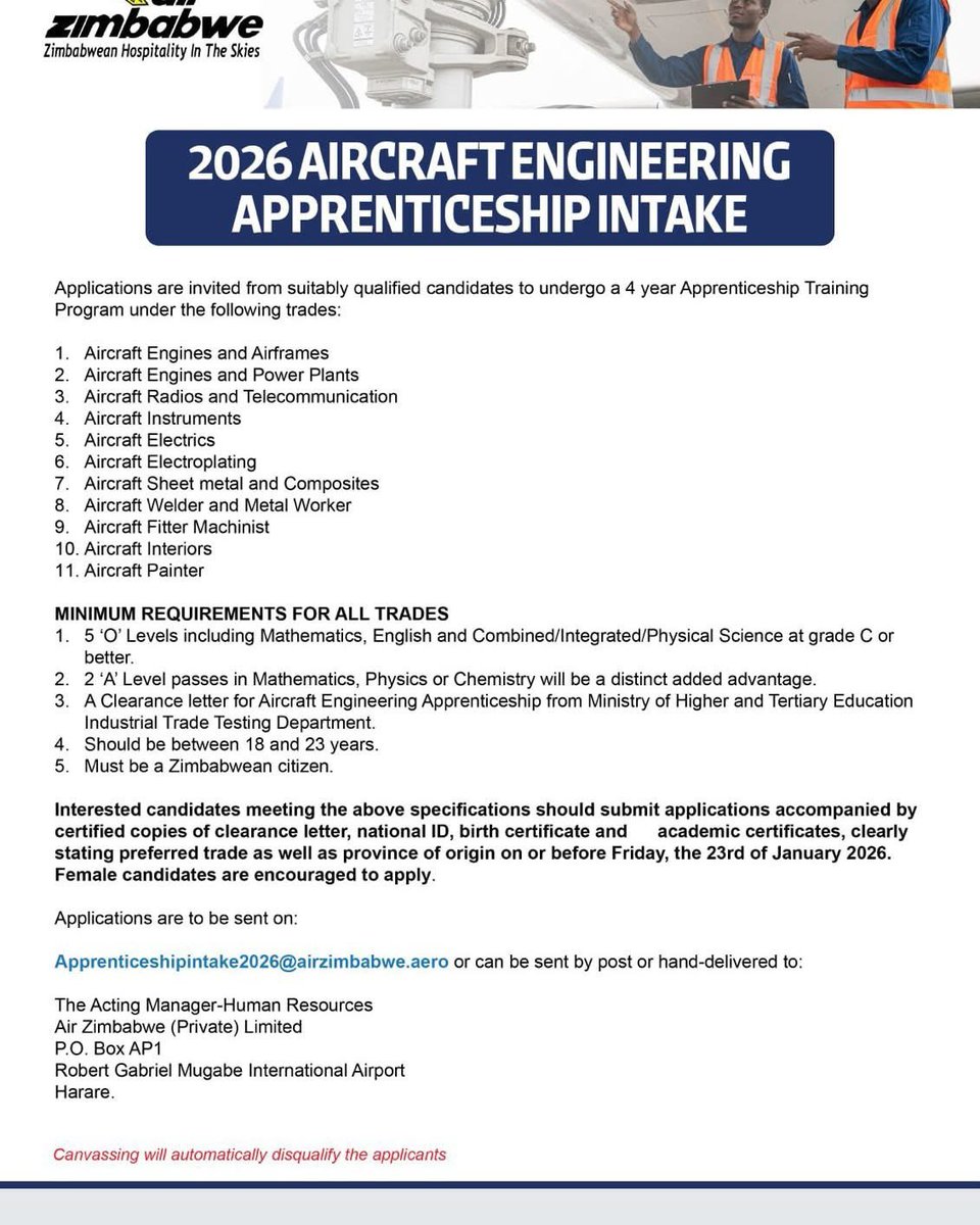Air Zimbabwe invites applications for its 2026 Aircraft Engineering Apprenticeship Intake — a 4-year technical training program across 11 specialized trades. 

From avionics to airframes, this program equips young Zimbabweans with hands-on skills for a career in aviation.  

📅