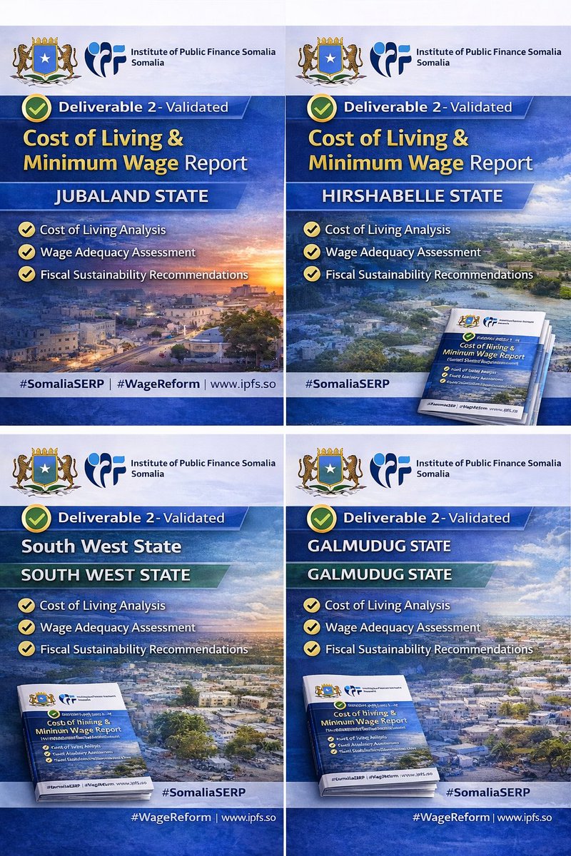IpfSomali's tweet photo. 📘Milestone 2 Completed | SERP
IPFS has finalized &amp; validated cost of living &amp; minimum wage reports for
• Jubaland
• Hirshabelle
• South West
• Galmudug
State-specific evidence to support fair, realistic &amp; fiscally sustainable wage reform across Somalia #WageReform #PFM #IPFS https://t.co/iodIZ37bNa