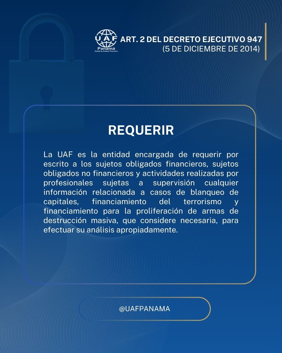 UafPanama's tweet image. Conoce una de las funciones clave de la UAF según el Artículo 2 del Decreto Ejecutivo 947 del 5 de diciembre de 2014, que reorganiza la Unidad de Análisis Financiero para la Prevención del Blanqueo de Capitales y el Financiamiento del Terrorismo.

#conpasofirme