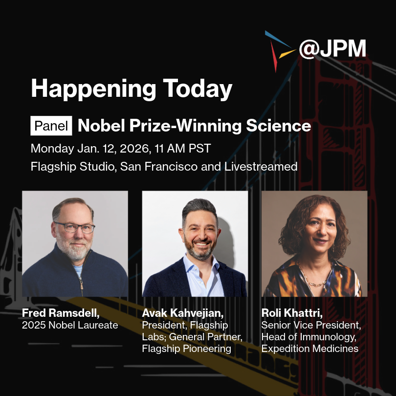 FlagshipPioneer's tweet photo. Join us for our first #FlagshipStudio livestream during #JPM26 at 11 AM PST/2 PM ET.
Avak Kahvejian, 2025 Nobel Laureate Fred Ramsdell, and Roli Khattri, Ph.D. will discuss immune system breakthroughs and the future of regulatory T-cell science.
🔗 Watch here: https://t.co/pqfgwjSvHi