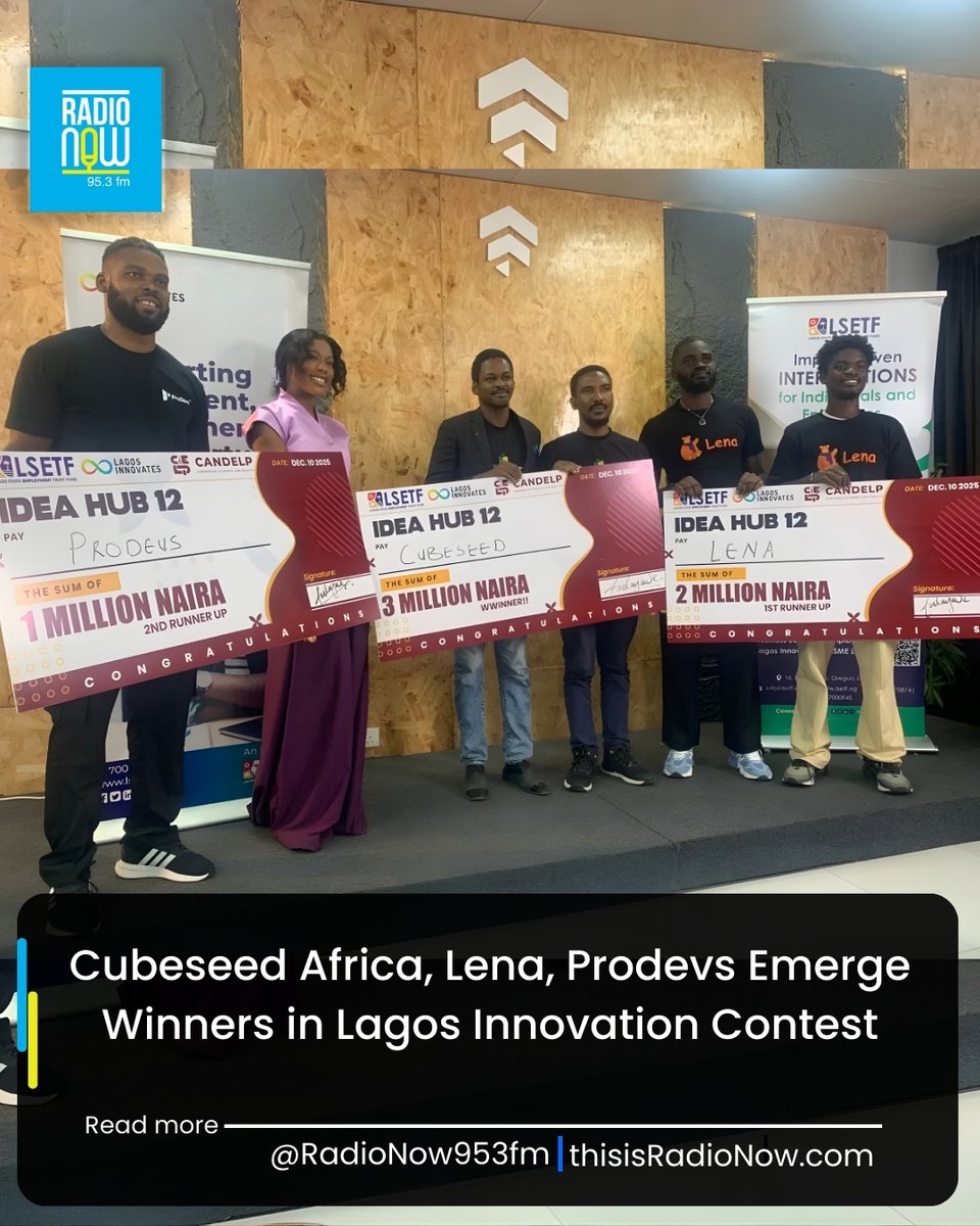 RadioNow953FM's tweet photo. Three startups have emerged winners at the Lagos State Employment Trust Fund Lagos Innovate Idea Hub 12.0, after beating more than 1,000 competitors... Read More: https://t.co/ioZwm807P2

#cubeseedafrica #Lena #ProDevs #BusinessNews https://t.co/OSReI08Mfo