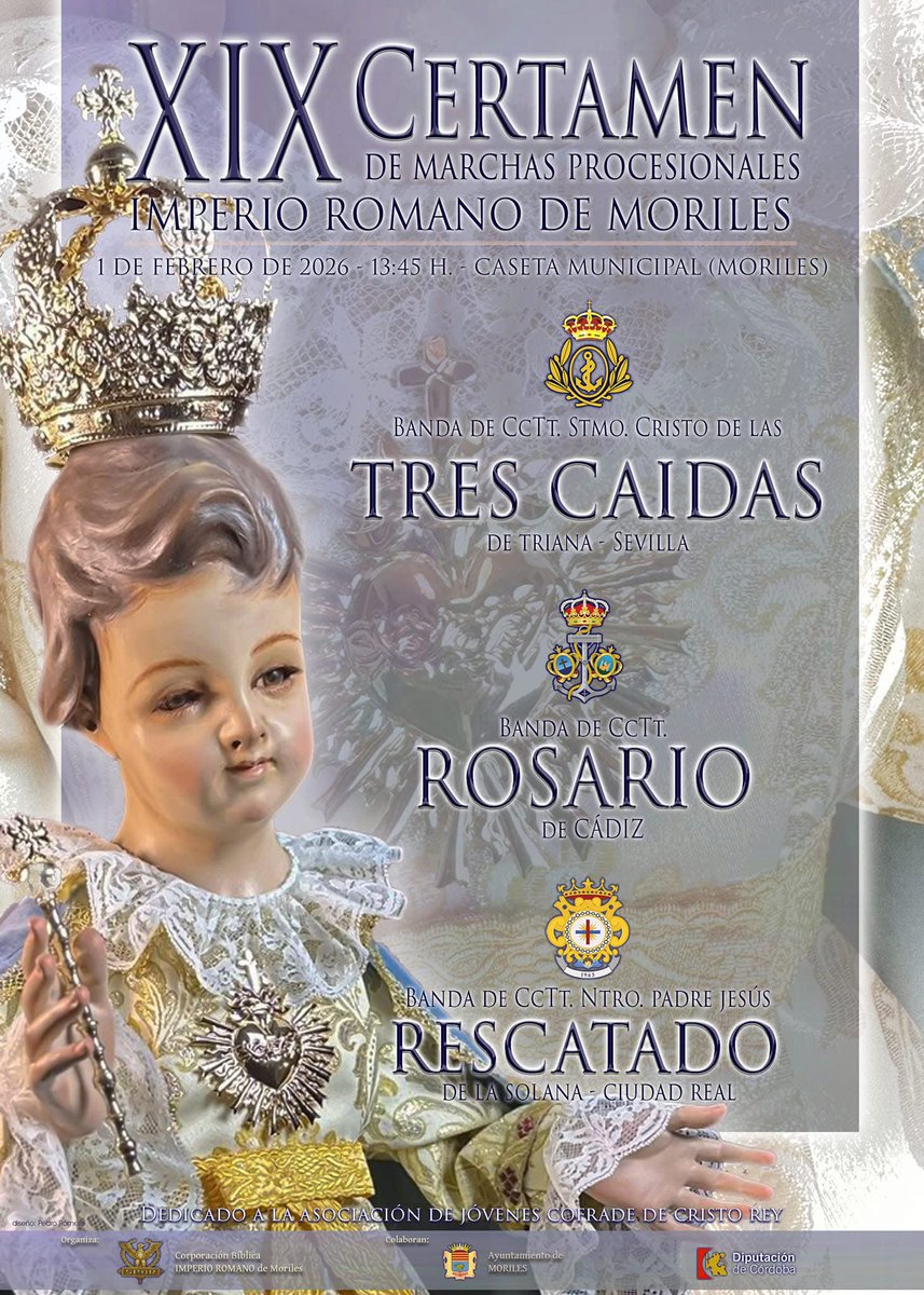 📣 El próximo 𝟏 𝐝𝐞 𝐅𝐞𝐛𝐫𝐞𝐫𝐨, pondremos rumbo a Moriles (Córdoba)  para participar en el XIX Certamen de Marchas Procesionales organizado por  @spqrmoriles. 📍Caseta Municipal (Moriles). 🕒 A partir de las 𝟏𝟑:𝟒𝟓𝐡.